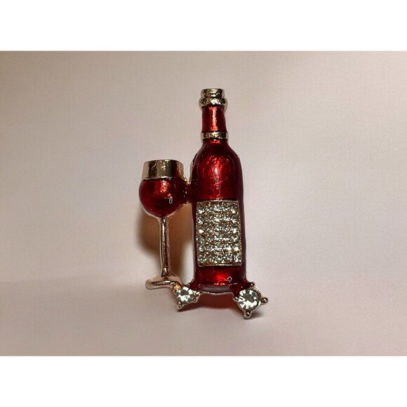 Sparkling rhinestone wine bottle and wine, glass metal brooch. Gold and red. - Picture 5 of 5